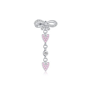 925 Silver Bow & Heart Pink & Clear CZ Drop Earrings-MME1186