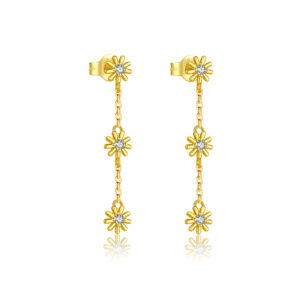 925 Silver Gold-Plated Daisy CZ Drop Earrings-MME1156
