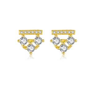 925 Silver Gold-Plated 3-Stone Triangle & Bar CZ Stud Earrings-MME1149