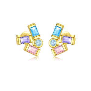 925 Silver Gold-Plated Geometric Baguette & Round CZ Stud Earrings-MME1148