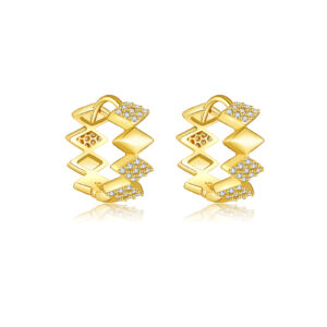 925 Silver Gold-Plated Zigzag Huggie Earrings with Spaced Paved CZ-MME1143