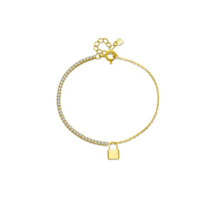 925 Silver 18K Gold Plated CZ Tennis Chain Padlock Bracelet, Size 15+3cm, Charm 8.5x5mm-MMB033