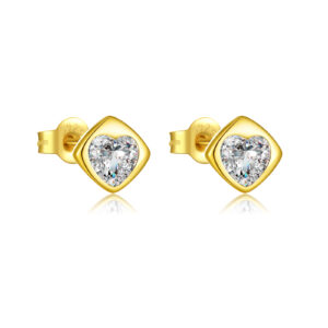 925 Silver Gold-Plated Heart Clear CZ Bezel Set Square Frame Stud Earrings-MME1220
