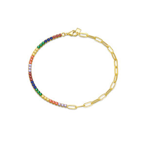 925 Silver Gold Plated Rainbow CZ Tennis & Paperclip Chain Bracelet, Size 18cm, CZ 2mm, Chain 3×7mm-MMB85