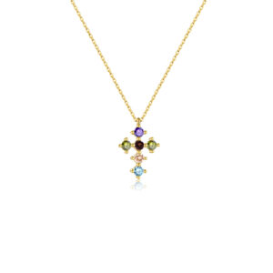 925 Silver Gold-Plated Multicolor Gem Cross Pendant Necklace-MMN024