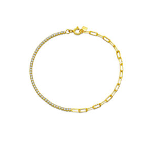 925 Silver 18K Gold Plated CZ Tennis & Paperclip Chain Bracelet, Size 18cm, Width 2.5mm, Multi-Color Options Available-MMB003/MMB004