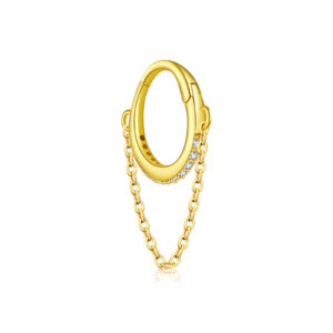 925 Silver Gold-Plated CZ Huggie Hoop Earrings with Chain Tassel-MME1160