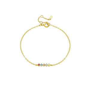 925 Silver 18K Gold Plated Rainbow CZ Bar Bracelet, Size 15+3cm, Charm 13.5mm-MMB38