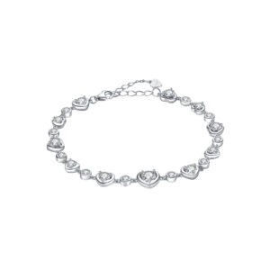 925 Silver Multi-Size CZ Bezel Set Bracelet, Size 16+4cm, Hearts 8/7/5.5mm, Round Stone 4mm-MMB98