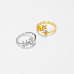 925 Silver Gold-Plated Leaf Branch Diamond Ring-MMR249