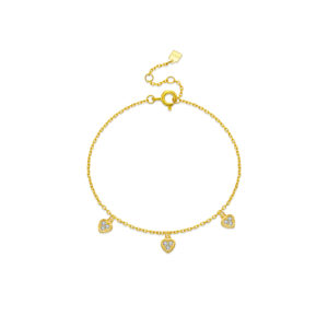 925 Silver Gold Plated Paved CZ Three Heart Station Bracelet, Size 15+3cm, Heart 4.5mm, Spacing 20mm-MMB122
