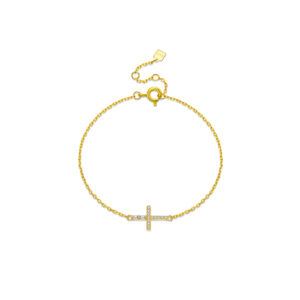 925 Silver Gold Plated Baguette & Round CZ INS Cross Bracelet, Size 15+3cm, Charm 8.5×13mm-MMB123