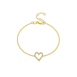 925 Silver Gold Plated Paved CZ Open Heart Bracelet, Size 15+3cm, Charm 11mm-MMB124