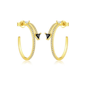 925 Silver Gold-Plated C-Hoop Paved CZ & Black Triangle CZ Earrings-MME1172