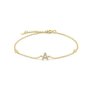 925 Silver 18K Gold Plated CZ Initial Bracelet with Bezel-Set CZ Accents, Size 15+3cm, Letter 6mm, 26 Alphabet Options-MMB000/MMB001