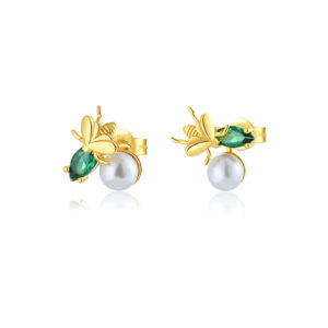 925 Silver Gold Bee-Shape Pearl & Green Marquise Zircon Minimalist Earrings-MME820