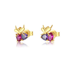 925 Silver Gold Bee-Shape Purple-Pink Stone-Set Minimalist Earrings-MME819