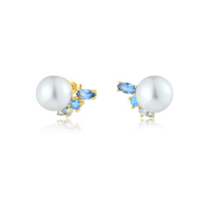 925 Silver Gold Pearl & Blue Stone-Set Minimalist Earrings-MME818