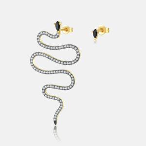 925 Silver Gold Long Snake Black-White Zircon Asymmetric Studs-MME694