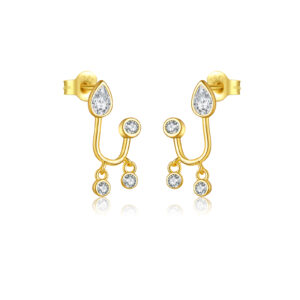 925 Silver Gold CZ Tassel Dangle Stud Earrings-MME987