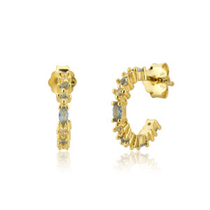 925 Silver Gold-Plated C-Shape Marquise & Round Aquamarine CZ Stud Earrings -MME156
