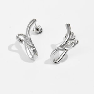 White Copper Gold Plated Abstract Swirl Stud Earrings, Length 23mm, Width 7mm, Minimalist Fluid Design-TTE079