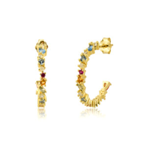 925 Silver Gold-Plated Multicolor CZ Curved Huggie Earrings-MME001