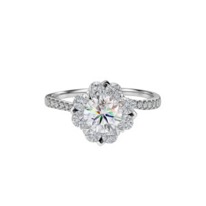 Platinum Women Lab Grown Diamond Ring Jewelry Round Center Stone & Floral Cluster Accent Stones with Paved Shank 1.020CT D Color VVS1-PTR011