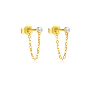925 Silver Gold Pearl Chain CZ Charm Earrings-MME900