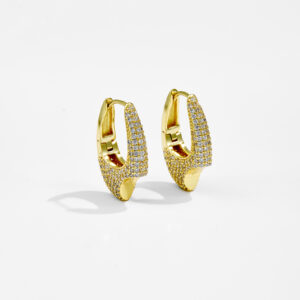 White Copper Gold Plated Irregular Vintage Hoop Earrings, Length 22mm, Inner Width 10mm, Paved CZ Design-TTE086