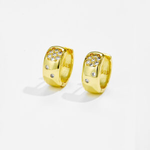 White Copper Gold Plated Huggie Hoop Earrings, Length 16mm, Width 7.3mm, Paved CZ & Grooved Design-TTE078