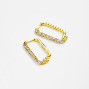 White Copper Gold Plated Rectangular Hoop Earrings, Length 25mm, Inner Width 8.5mm, Paved CZ Design-TTE088