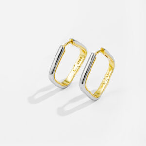 White Copper Gold Plated Two-Tone Rectangular Hoop Earrings, 21mm, Minimalist Modern Design-TTE093/TTE094