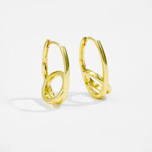White Copper Gold Plated Intertwined Double Hoop Earrings, Length 27.5mm, Inner Width 15mm, Minimalist Modern Design-TTE089
