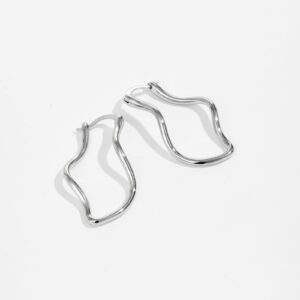 White Copper Gold Plated Wavy Hoop Earrings, Length 39mm, Width 21mm, Minimalist Fluid Design-TTE082
