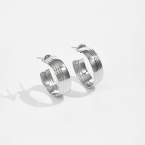 White Copper Gold Plated Grooved Hoop Stud Earrings, Length 21mm, Width 6mm, Textured Minimalist Design-TTE081