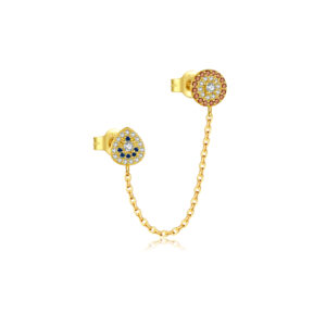 925 Silver Gold Double-Post CZ Circle-Teardrop Chain Single Earstud-MME1016