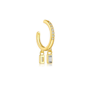 925 Silver Gold CZ Long Pendant Hoop Earrings-MME1006