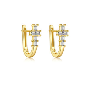 925 Silver Gold Baguette-Set Cross U-Shape Huggie Earrings-MME990