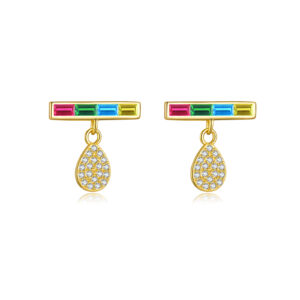925 Silver Gold Color Strip Water Drop CZ Dangle Stud Earrings-MME980