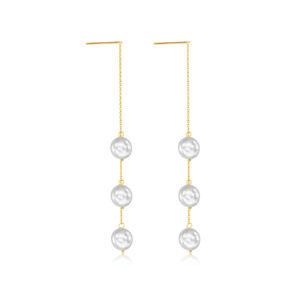 925 Silver Gold-Plated Pearl Chain Line Drop Charm Earrings-MME950