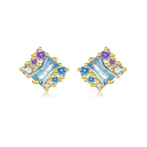 925 Silver Gold-Plated Multi-Color Stone Stud Earrings-MME944