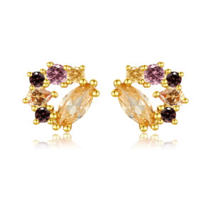 925 Silver Gold-Plated Yellow-Purple Stone Combo Stud Earrings-MME943