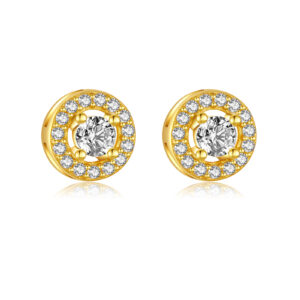925 Silver Gold-Plated Round Halo CZ Stud Earrings-MME939