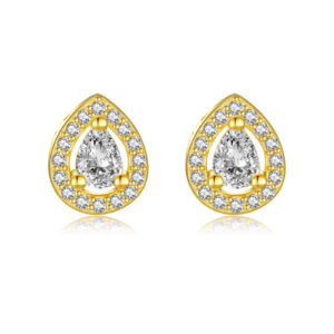 925 Silver Gold-Plated Teardrop Main Stone Halo CZ Studs-MME934