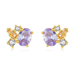 925 Silver Gold Teardrop Purple Gem & CZ Stud Earrings-MME932