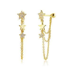 925 Silver Gold Star Chain Line Drop Charm Earrings-MME930