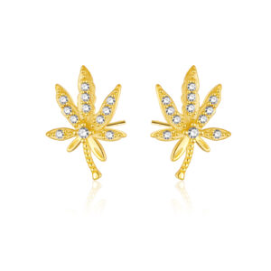 925 Silver Gold Leaf-Shaped Full-CZ Stud Earrings-MME927