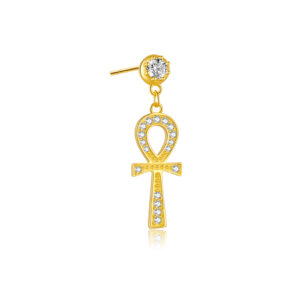 925 Silver Gold Ankh CZ Single Chain Line Drop Charm Earring-MME923