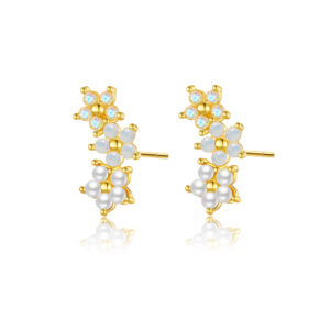 925 Silver Gold Bezel-Set 3-Flower Pearl & Opal Single Earring-MME916